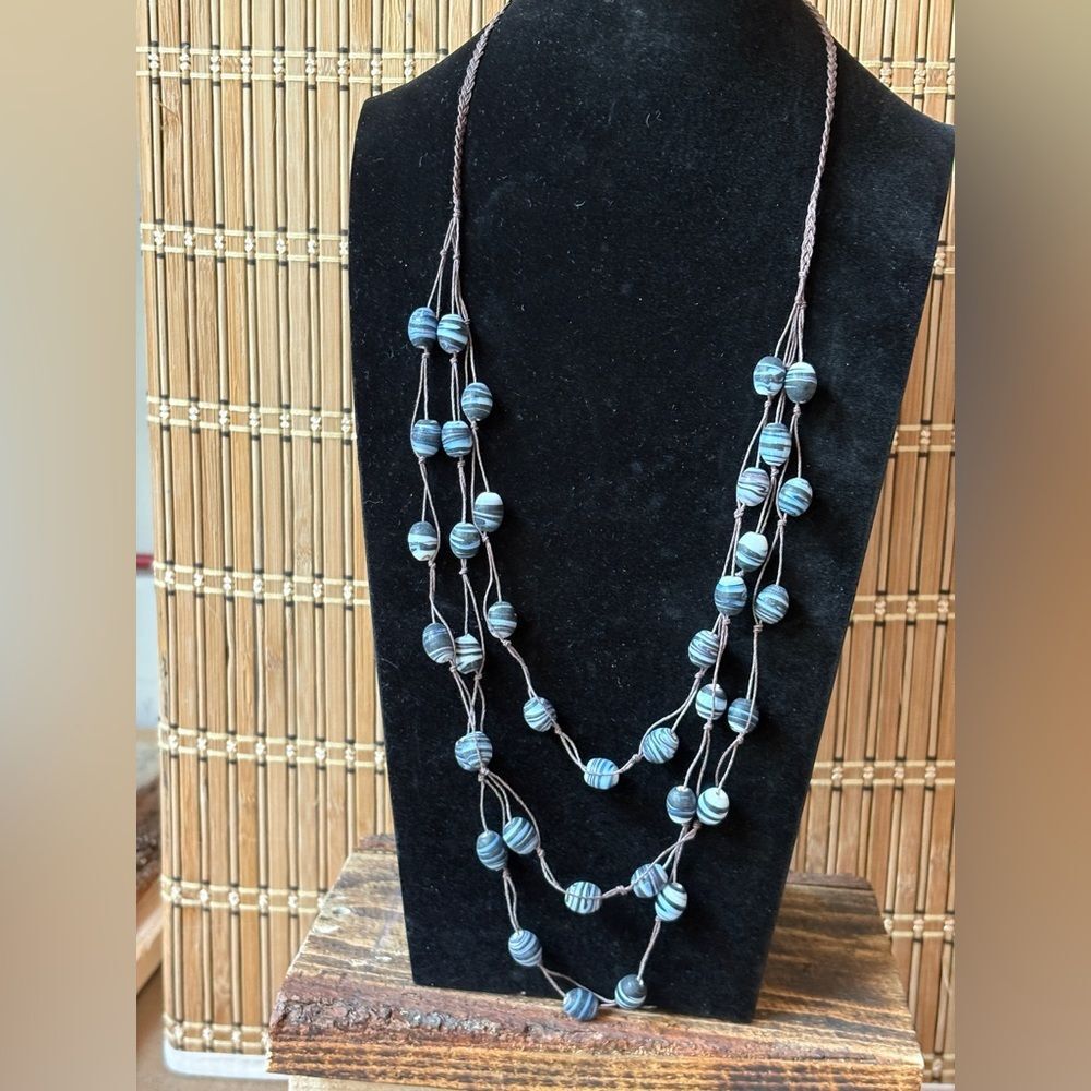 Elegant Blue & Brown Multi-Strand Beaded Necklace